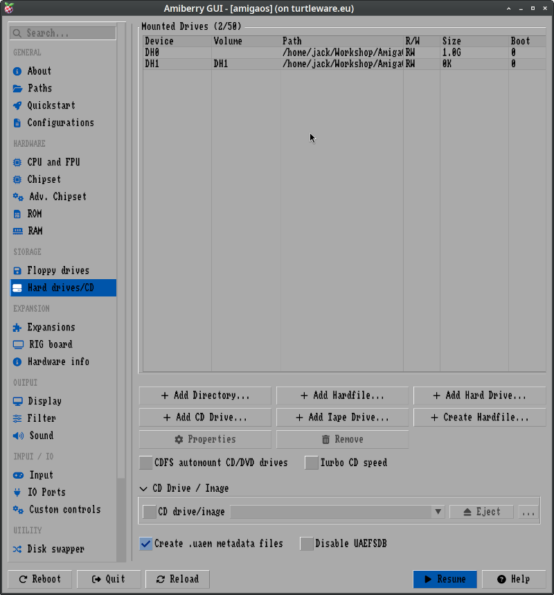 Screenshot showing "Hard Drives" tab in Amiberry GUI img