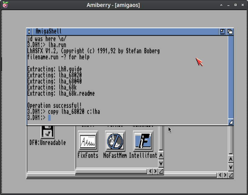 AmigaOS LHA installation (console screenshot) img